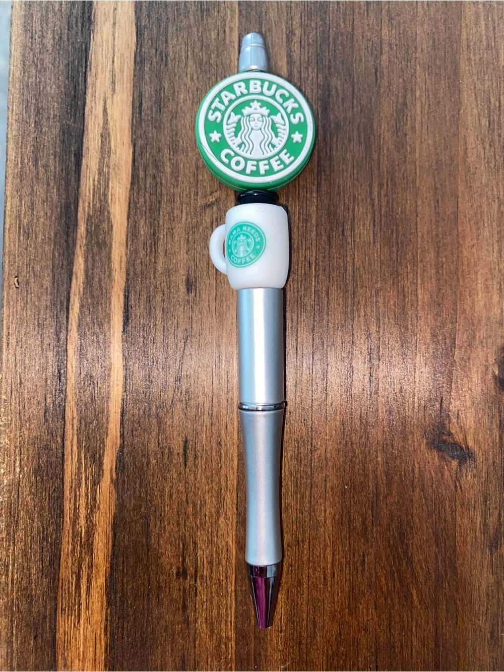 New Starbucks Silver Pen with Green and White Logo Top “mama needs coffee”